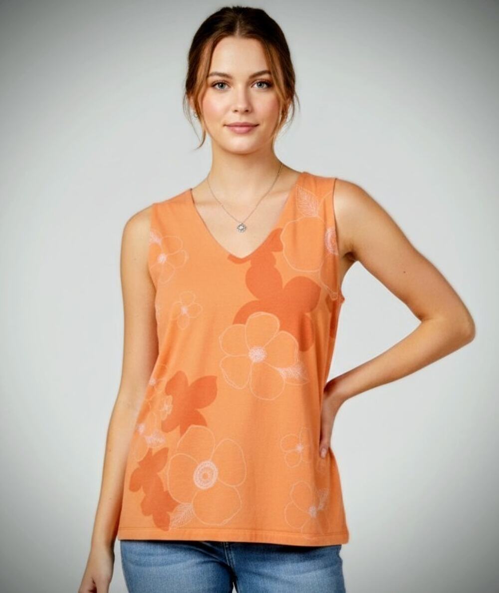 Lizsport Liz Claiborne Orange Floral Stretch Tank Top V-Neck Sleeveless L VTG